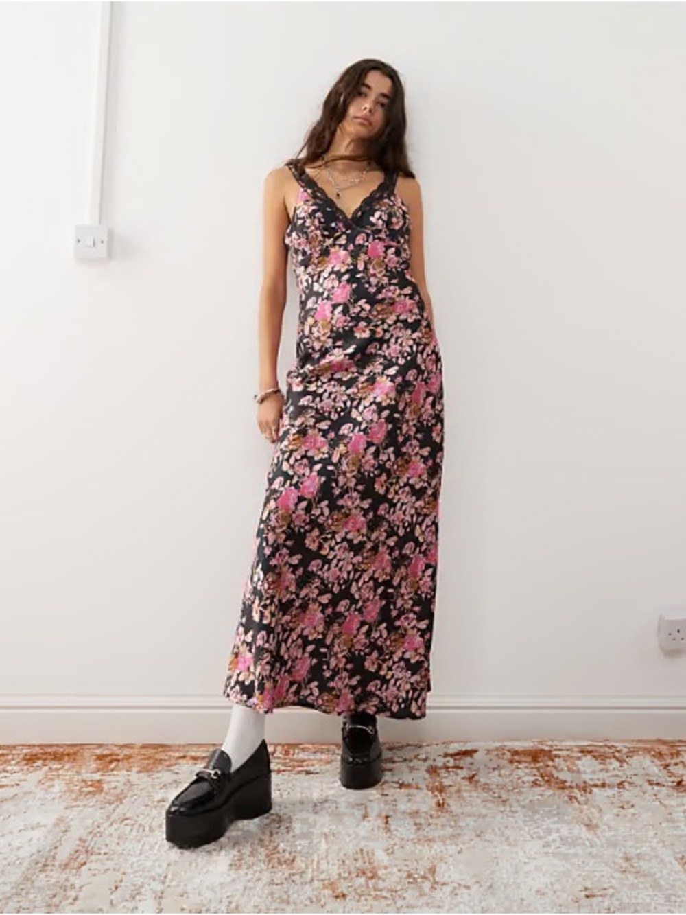 Reclaimed Vintage Black Slip Dress with Pink Floral Print